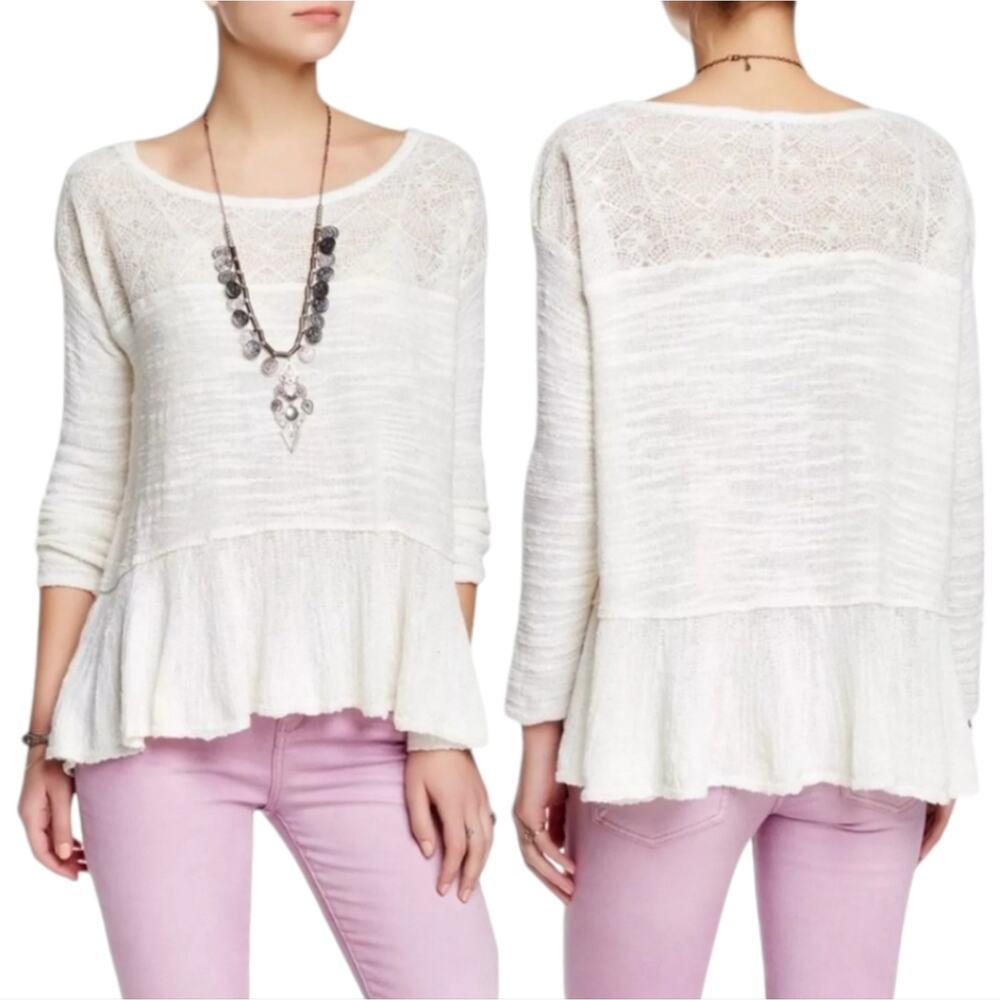 Free People Kristobel OVersized Ruffled Lagan Knit Sweater, Cream, size XS